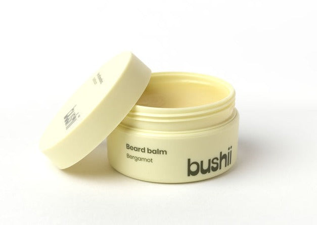 Bergamot beard balm open sitting on edge